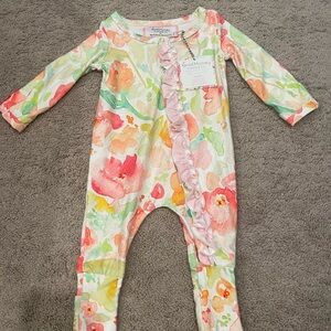 SweetHoney Pink and Orange Footies One Piece with Floral Design